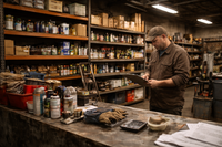 Interior of an industrial supply store with stocked shelving and a staff member ready to assist maintenance and manufacturing customers.