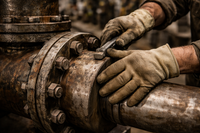 Maintenance technician inspecting a bolted assembly on industrial equipment during a preventive maintenance walkthrough.