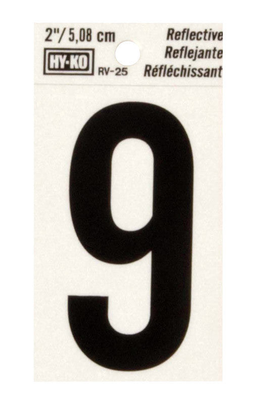 Hy-Ko 2 in. Reflective Black Vinyl Self-Adhesive Number 9 1 pc.