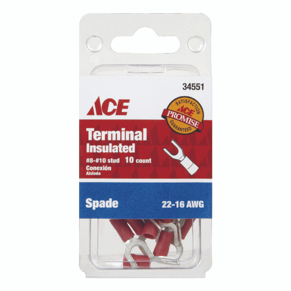 TERMINAL SPADE INSULATED 22-16 AWG 8-10 STUD