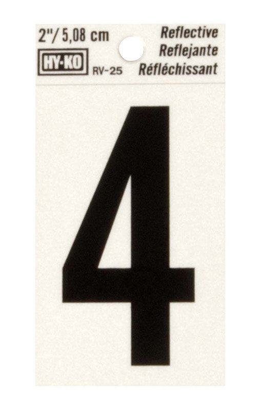 Hy-Ko 2 in. Reflective Black Vinyl Self-Adhesive Number 4 1 pc.