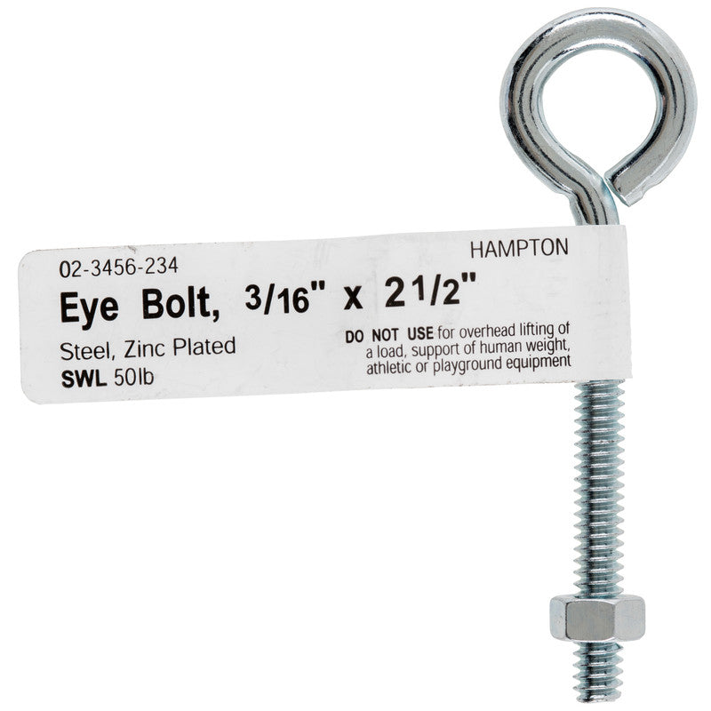 zinc-plated hampton 3/16 in. x 2-1/2 in. l zinc-plated steel eyebolt nut included hook bolt ring hardware