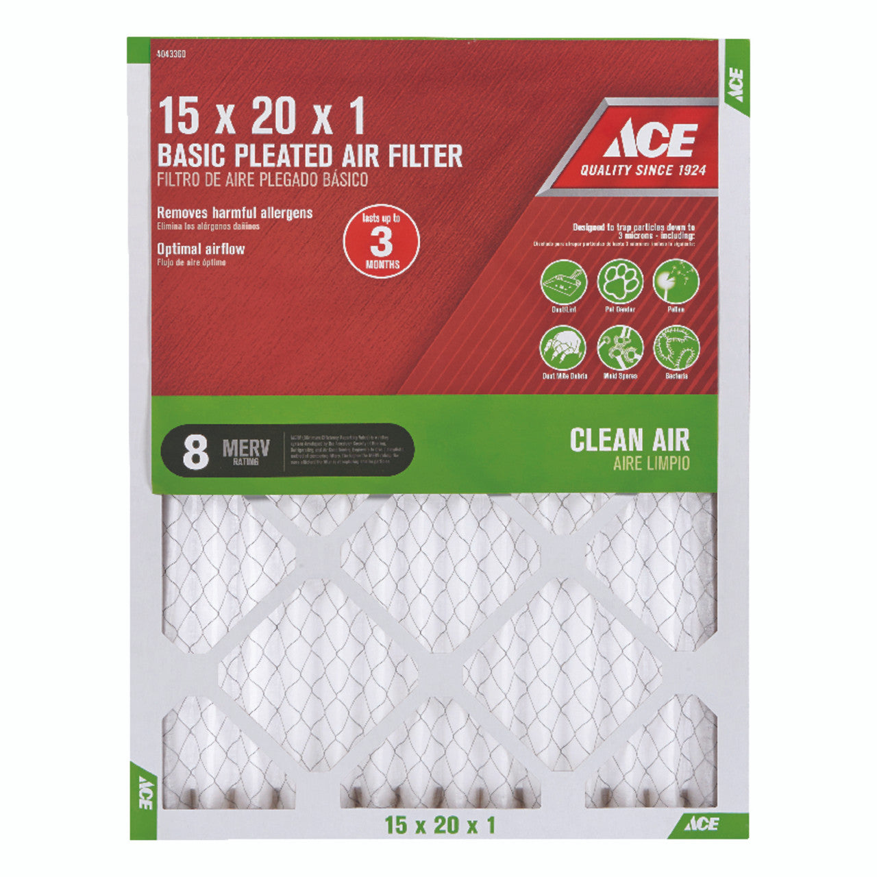 HVAC air filter 15 x 20 x 1 in. MERV 8 Pleated Ace