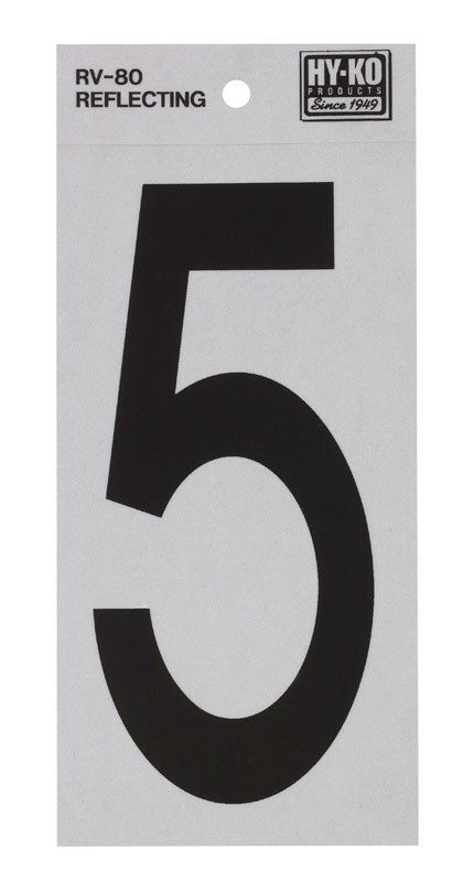 Hy-Ko 6 in. Reflective Black Vinyl Self-Adhesive Number 5 1 pc.