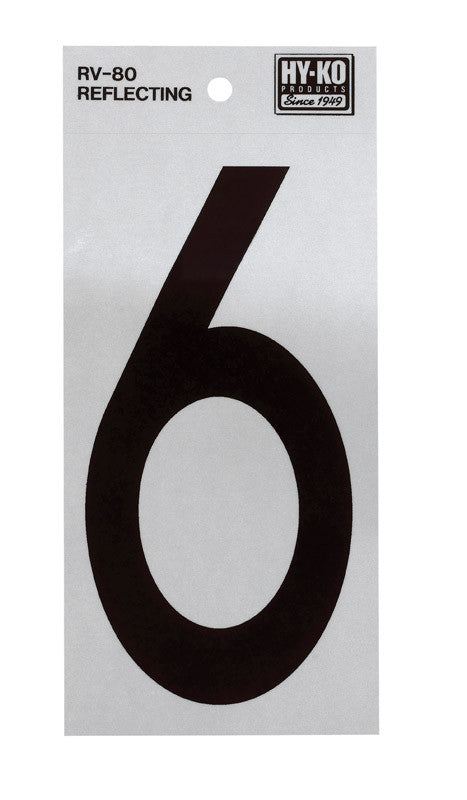 hy-ko 6 in. reflective black vinyl self-adhesive number 6 1 pc. facility sign safety identification