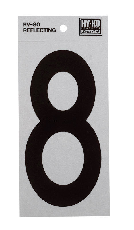 hy-ko 6 in. reflective black vinyl self-adhesive number 8 1 pc. facility sign safety identification