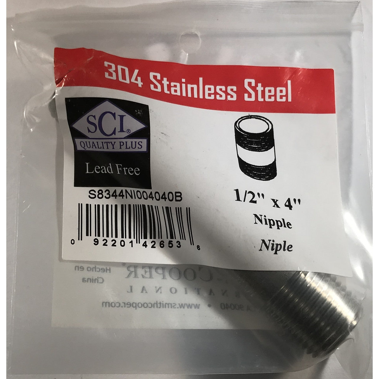 Smith-Cooper stainless steel nipple  MPT  in. NPT