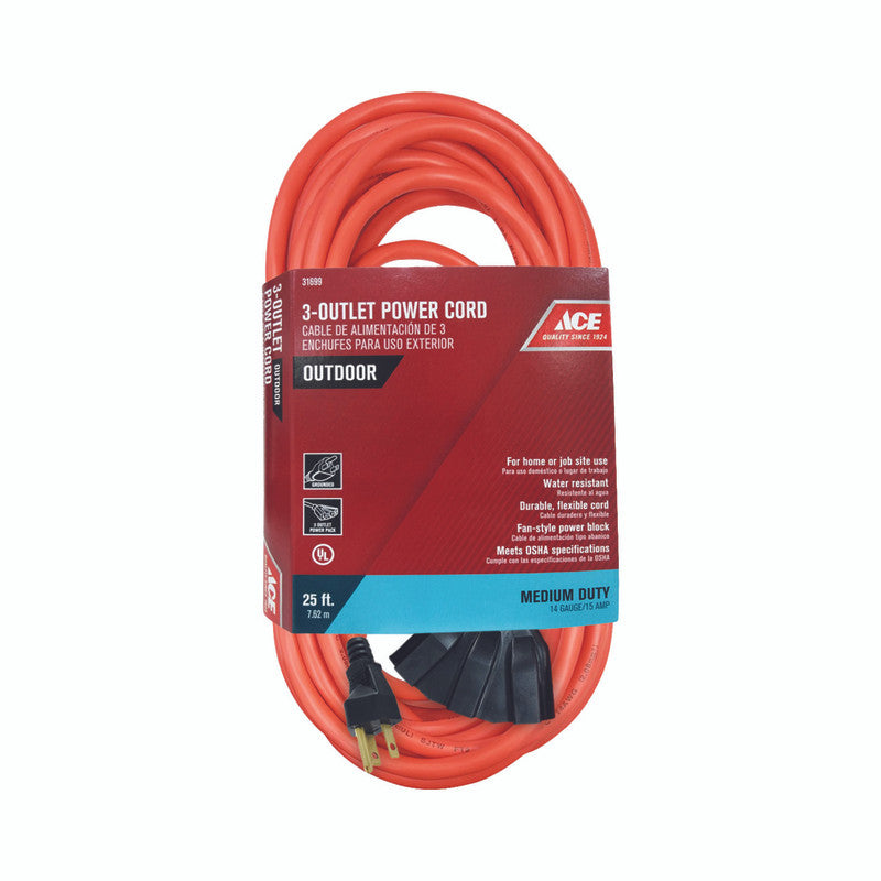 ace indoor and outdoor 25 ft. l orange triple outlet cord 14/3 sjtw electrical supply