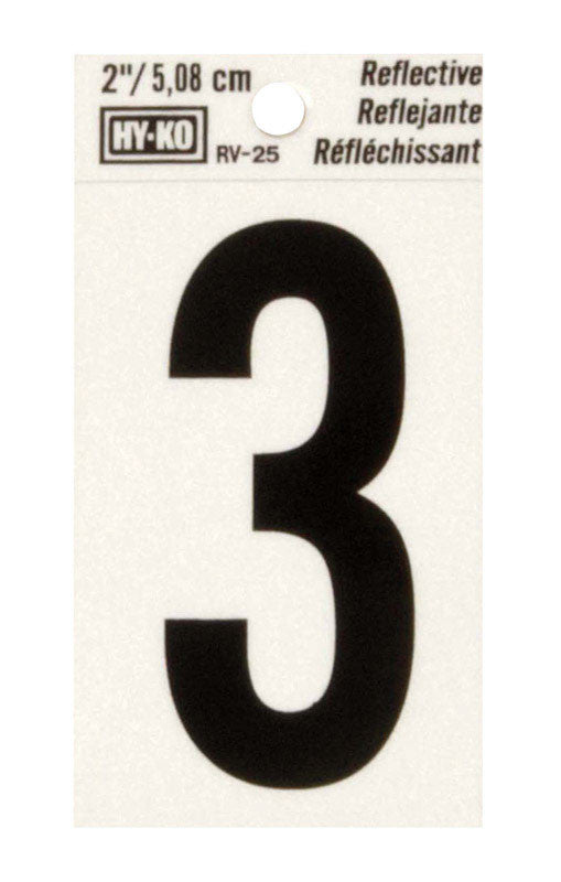 hy-ko 2 in. reflective black vinyl self-adhesive number 3 1 pc. facility sign safety identification