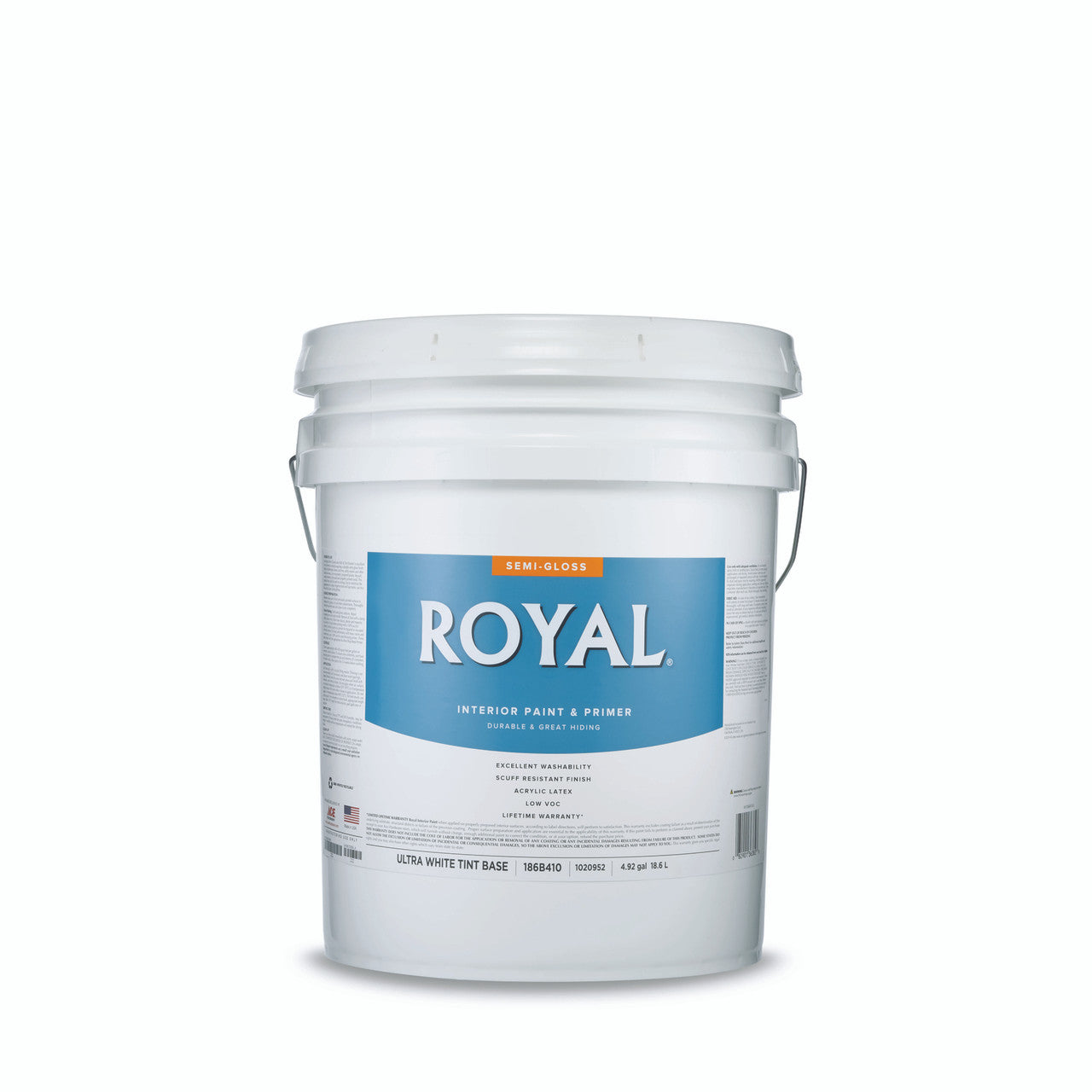 royal semi-gloss tint base ultra white base acrylic latex paint and primer indoor 5 gal. paint accessory tool surface preparation