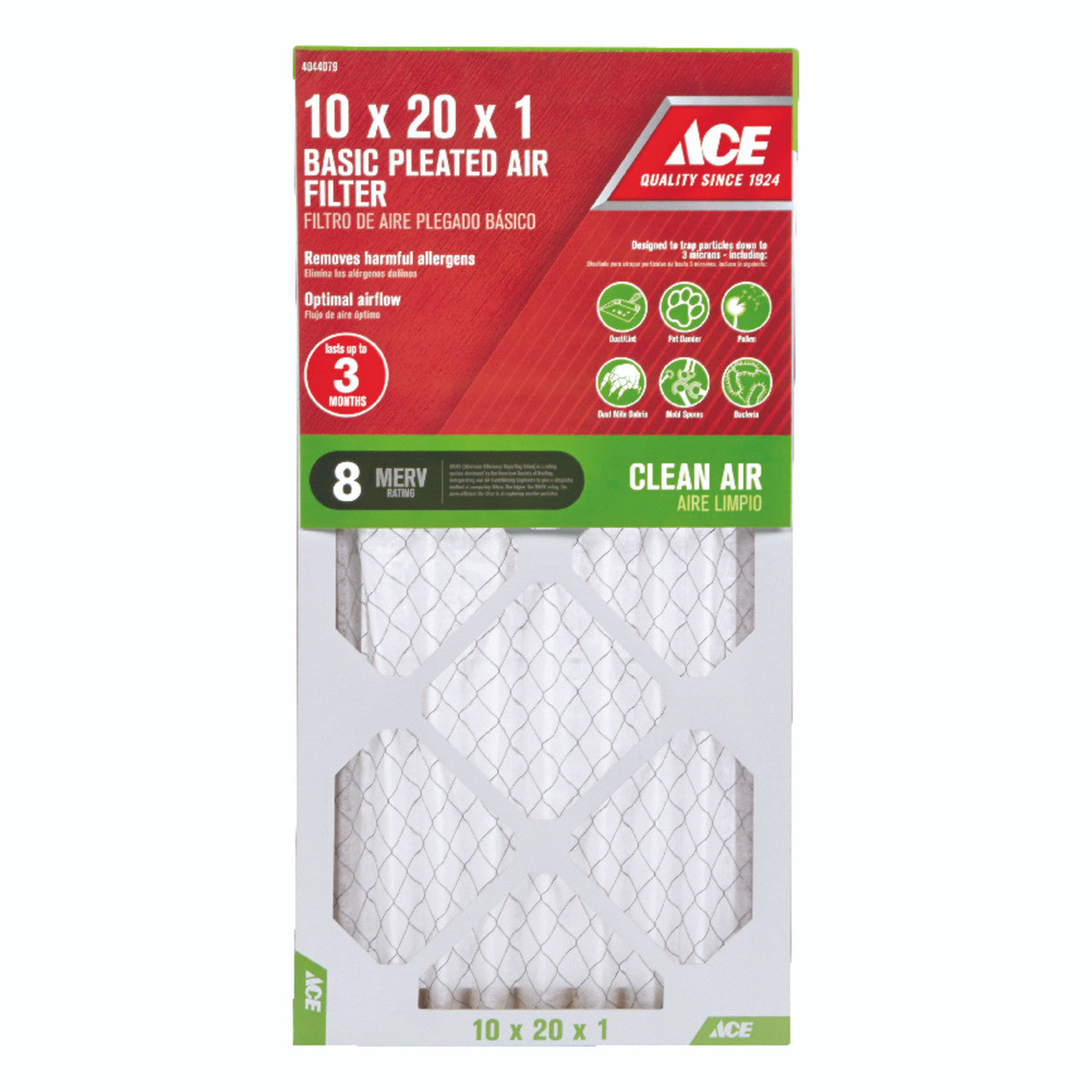 HVAC air filter 12 x 20 x 1 in. MERV 8 Pleated Ace