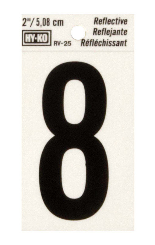 hy-ko 2 in. reflective black vinyl self-adhesive number 8 1 pc. facility sign safety identification