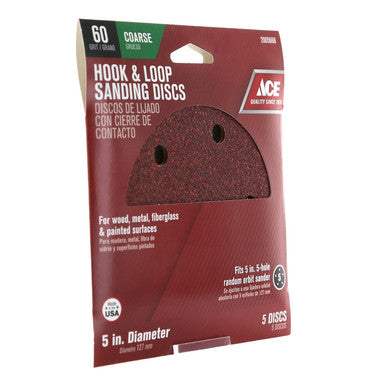 Ace 5 in. Aluminum Oxide Hook and Loop Sanding Disc 60 Grit Coarse 5 pk