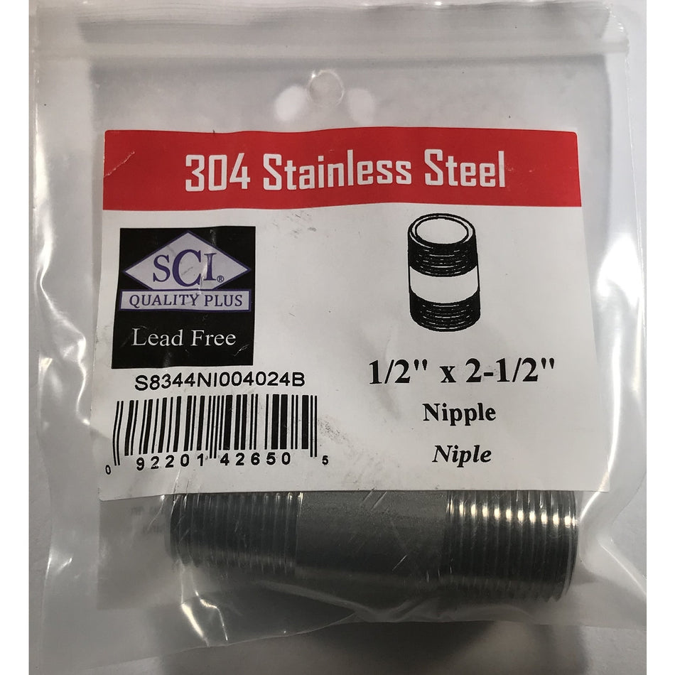 Smith-Cooper 1/2 in. MPT x 2-1/2 in. L Stainless Steel Nipple