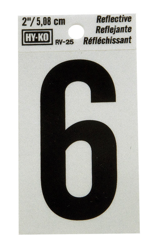 Hy-Ko 2 in. Reflective Black Vinyl Self-Adhesive Number 6 1 pc.