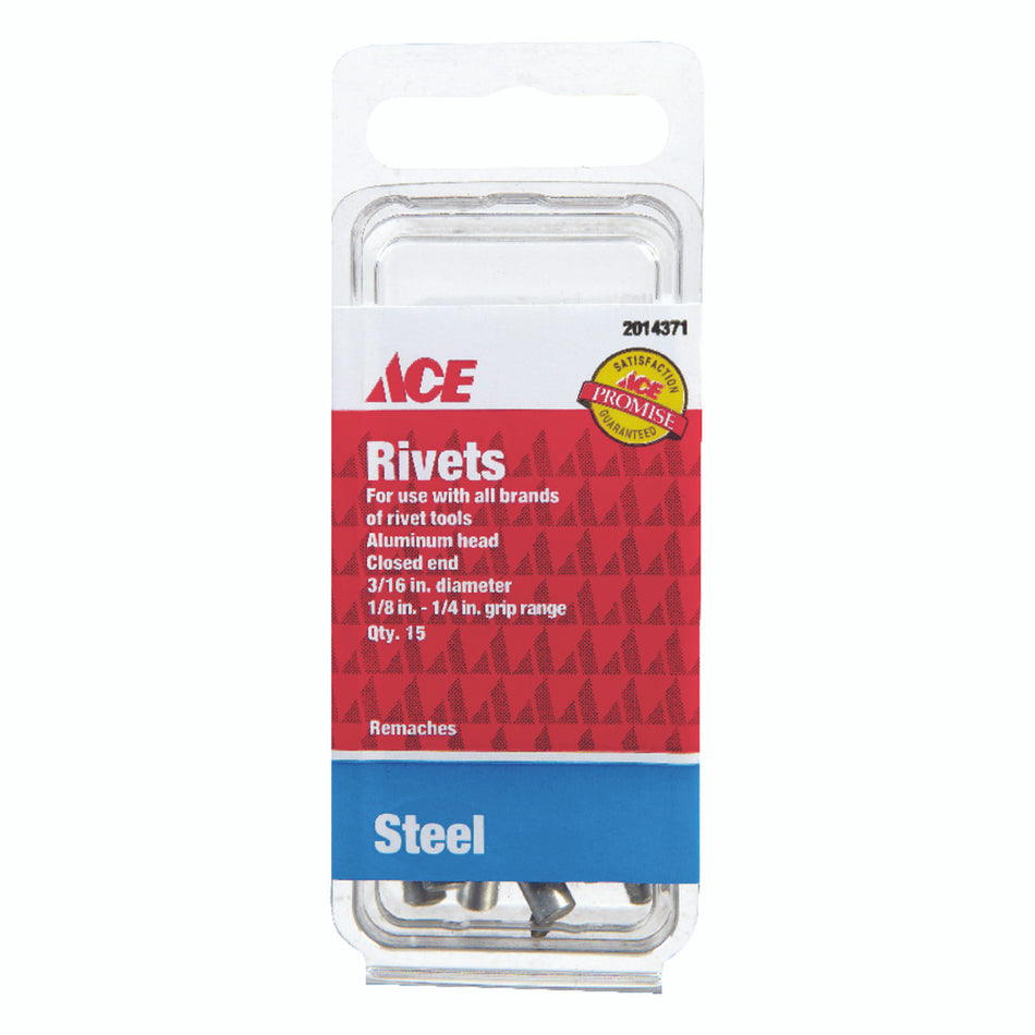 Ace 3/16 in. Dia. x 1/4 in. Steel Rivets Silver 15 pk