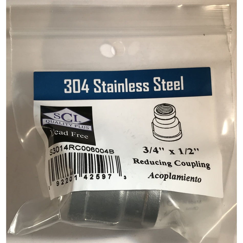 Smith-Cooper 3/4 in. FPT x 1/2 in. Dia. FPT Stainless Steel Reducing Coupling