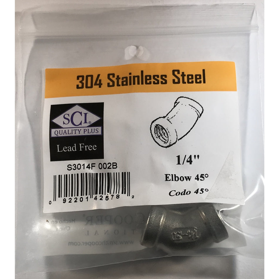Smith-Cooper 1/4 in. FPT x 1/4 in. Dia. FPT Stainless Steel 45 Degree Elbow