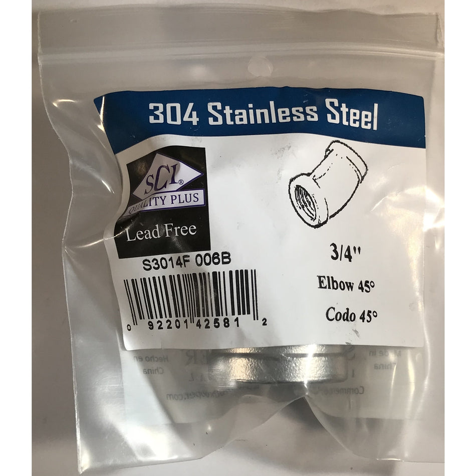 Smith-Cooper 3/4 in. FPT x 3/4 in. Dia. FPT Stainless Steel 45 Degree Elbow