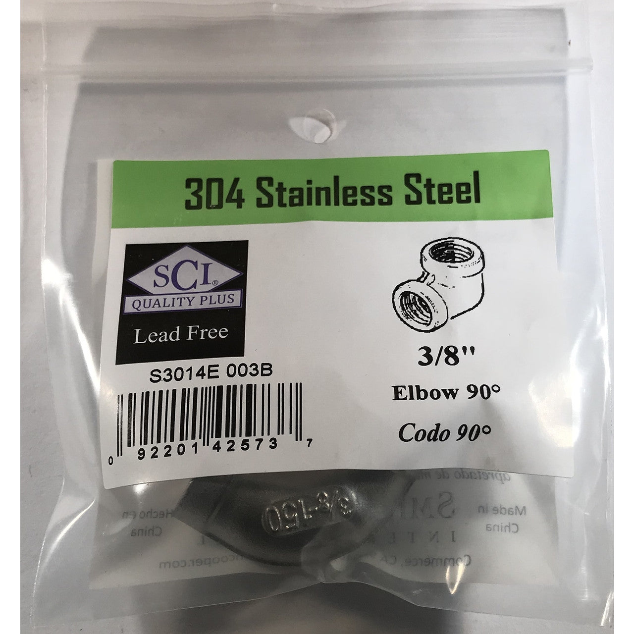 Smith-Cooper stainless steel elbow 3/8 NPT threaded industrial
