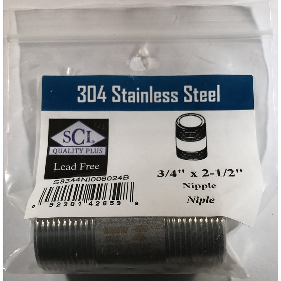 Smith-Cooper 3/4 in. MPT x 2-1/2 in. L Stainless Steel Nipple