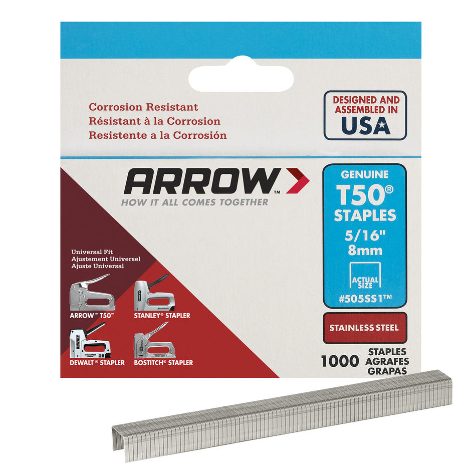 Arrow Fastener T50 3/8 in. W x 5/16 in. L 18 Ga. Flat Crown Heavy Duty Staples 1000 pk