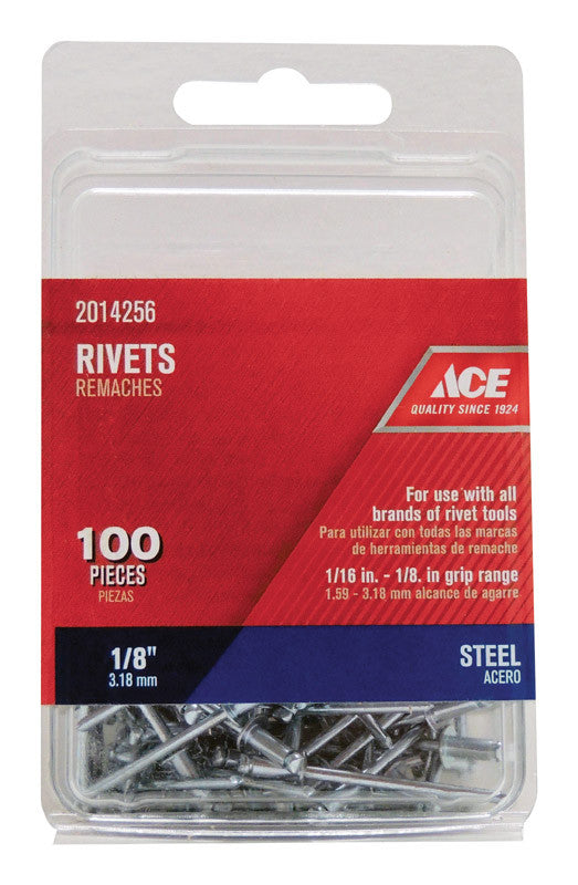 Ace 1/8 in. Dia. x 1/2 in. Steel Rivets Silver 100 pk