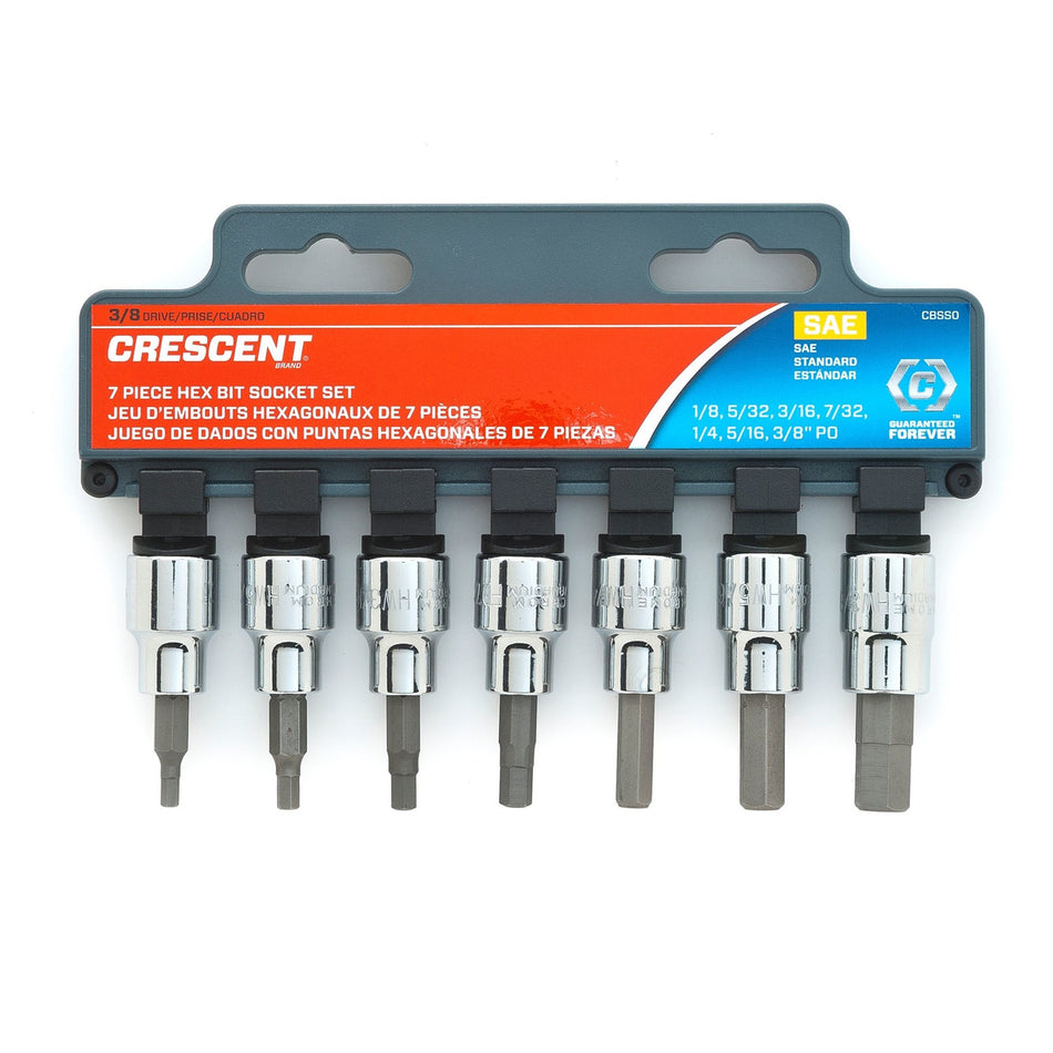 Crescent Assorted Sizes x 3/8 in. drive SAE 6 Point Hex Bit Socket Set 7 pc.