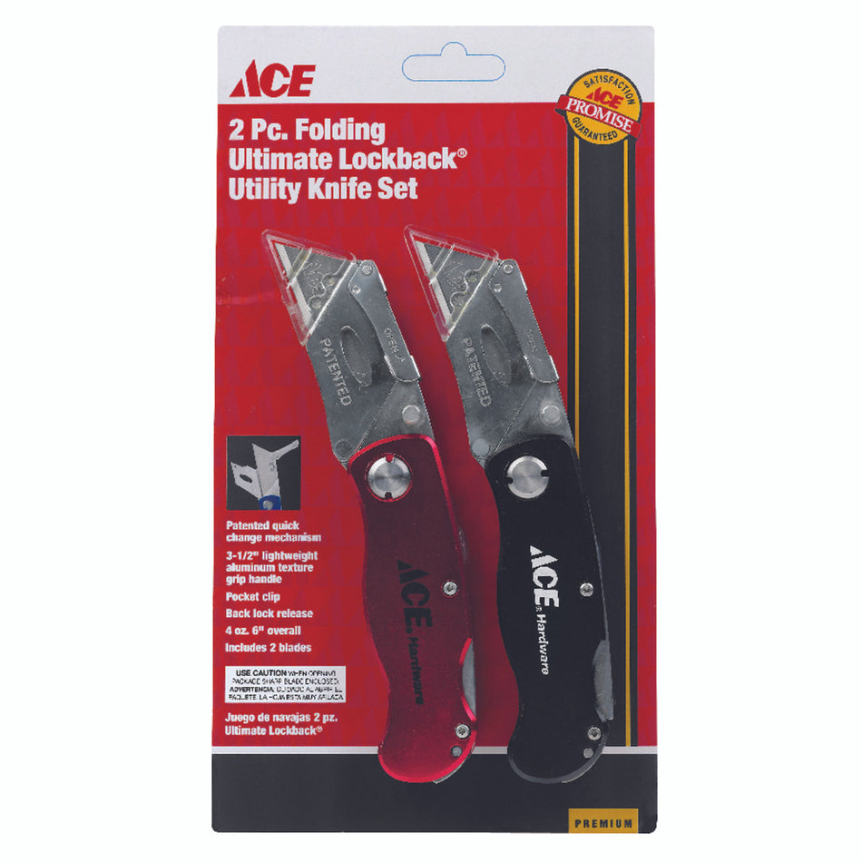 Ace 2-Pack Folding Lock-back 6 in. Utility Knife Set Black/Red