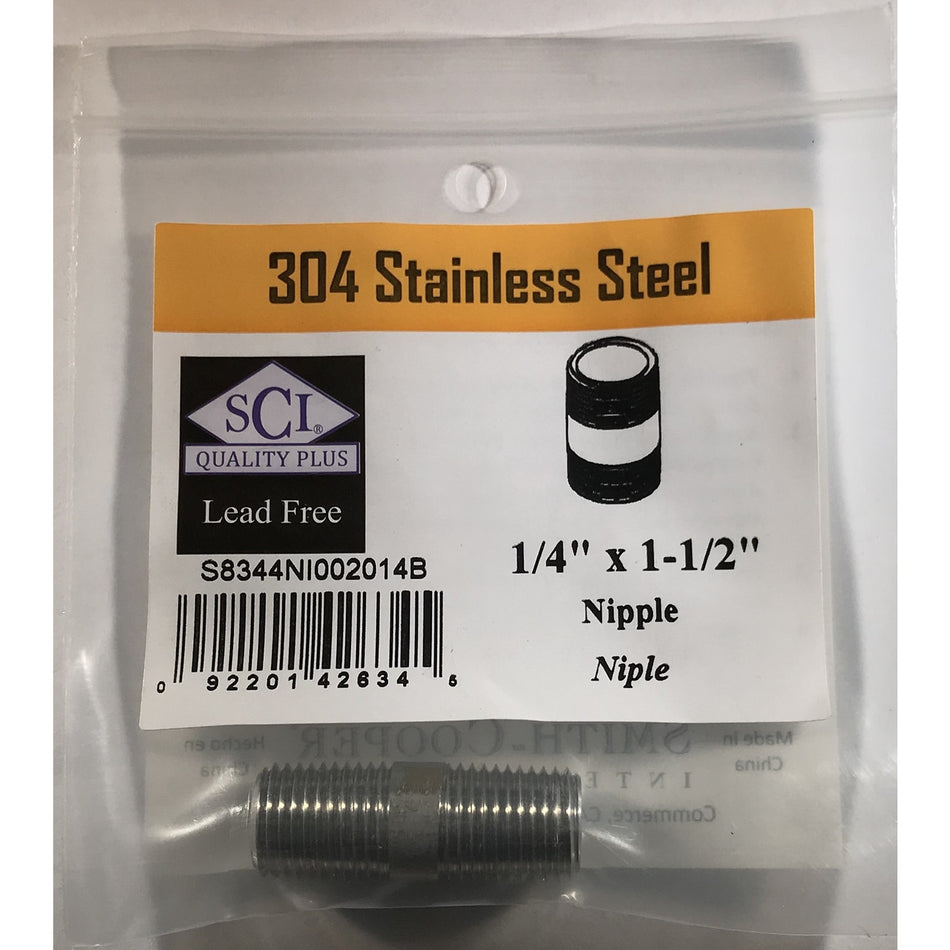 Smith-Cooper 1/4 in. MPT x 1-1/2 in. L Stainless Steel Nipple