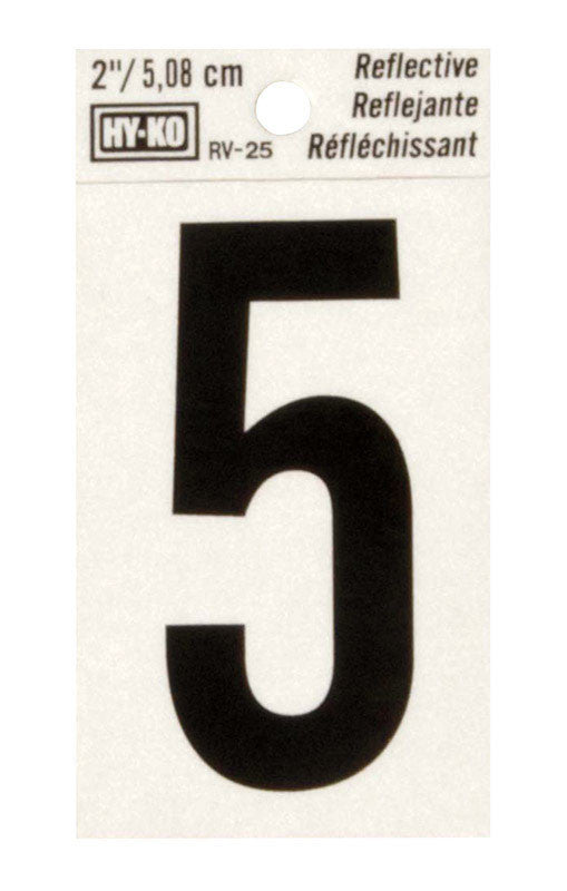 hy-ko 2 in. reflective black vinyl self-adhesive number 5 1 pc. facility sign safety identification