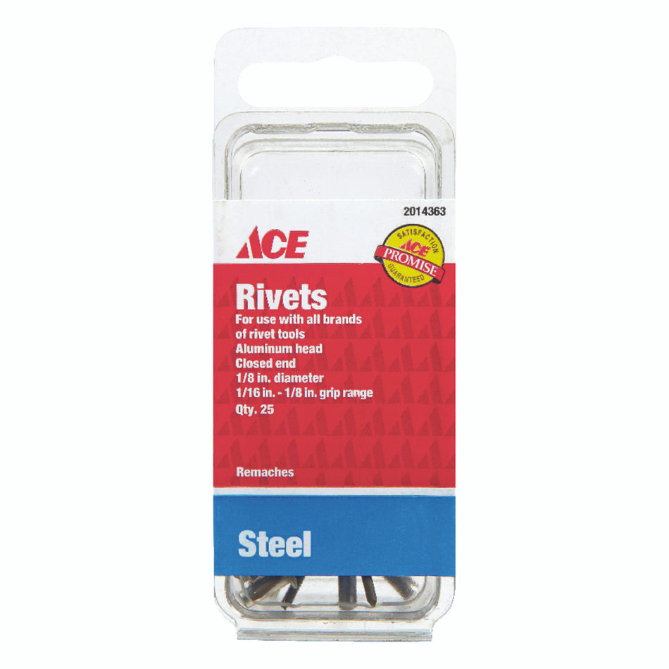 Ace 1/8 in. Dia. x 1/8 in. Steel Rivets Silver 25 pk