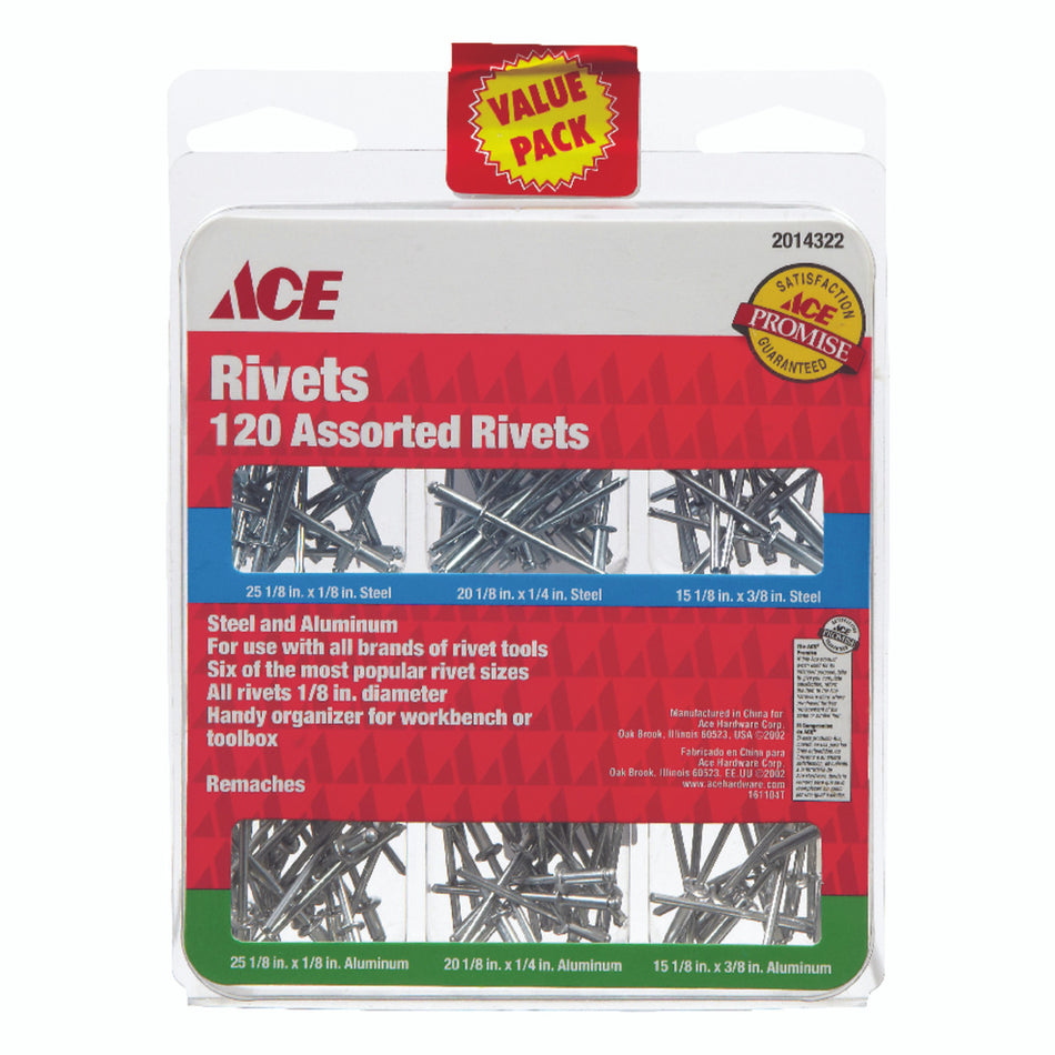 Ace 1/8 in. Dia. Steel Rivet Set Silver 120 pk