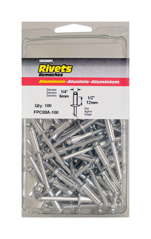 Surebonder 1/4 in. Dia. x 1/2 in. Aluminum Rivets Silver 100 pk