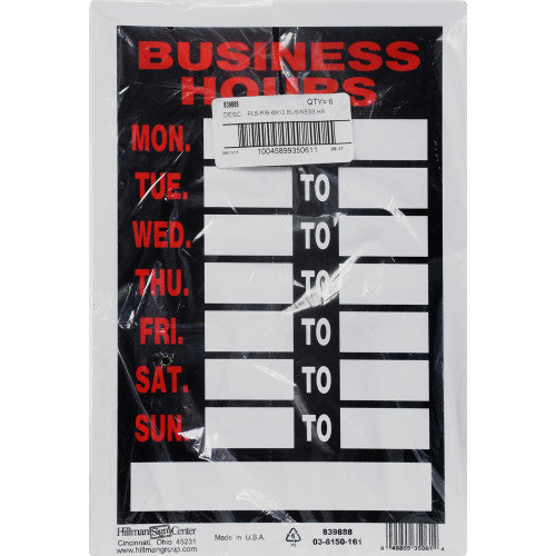 business hours sign black and red (8" x 12") facility sign safety identification
